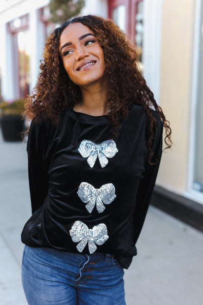 Home For The Holiday Silver Sequin Bow Velvet Pullover Top - Online Only!