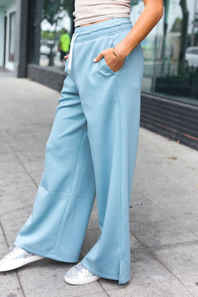 Weekend Ready Blue Grey Scuba Knit Drawstring Wide Leg Pants - Online Only!