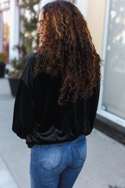 Home For The Holiday Silver Sequin Bow Velvet Pullover Top - Online Only!