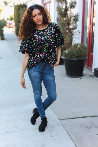 Holiday Ready Black Velvet Multicolor Sequin Puff Sleeve Top - Online Only!