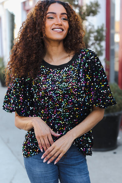 Holiday Ready Black Velvet Multicolor Sequin Puff Sleeve Top - Online Only!
