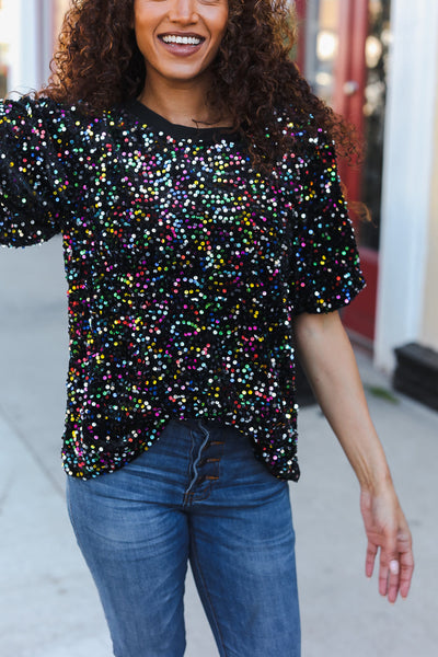 Holiday Ready Black Velvet Multicolor Sequin Puff Sleeve Top - Online Only!