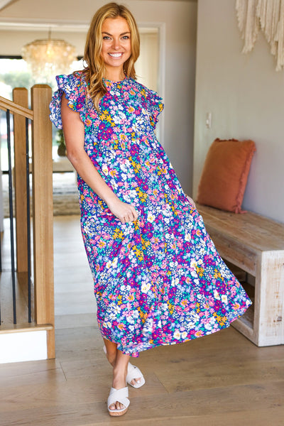 Just A Dream Navy Floral Smocked Ruffle Sleeve Maxi Dress - Online Only!