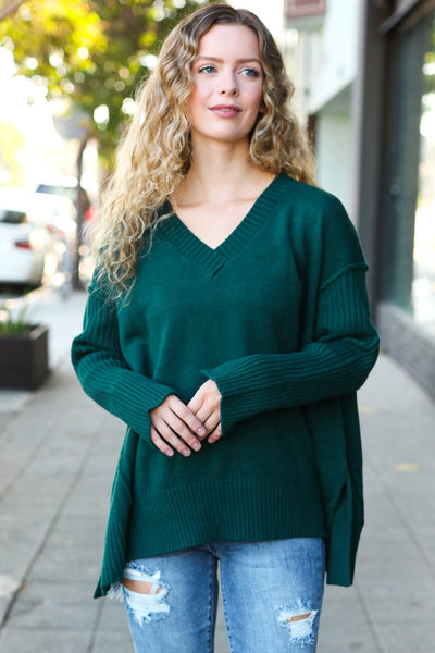 Casual Chic Hunter Green Oversized V Neck Rib Knit Sweater - Online Only!