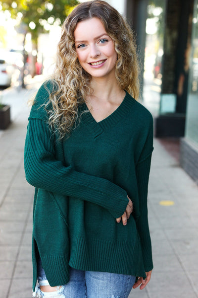 Casual Chic Hunter Green Oversized V Neck Rib Knit Sweater - Online Only!