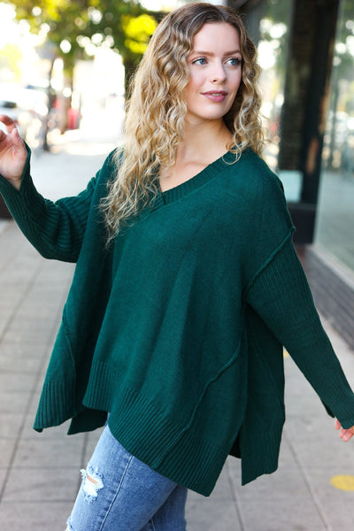 Casual Chic Hunter Green Oversized V Neck Rib Knit Sweater - Online Only!
