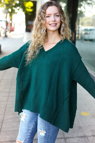 Casual Chic Hunter Green Oversized V Neck Rib Knit Sweater - Online Only!