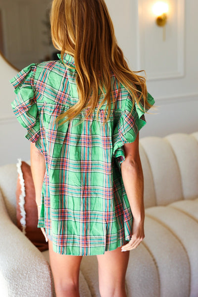 Green Plaid Shirred Yoke Flutter Sleeve Top - Online Only!