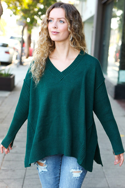 Casual Chic Hunter Green Oversized V Neck Rib Knit Sweater - Online Only!