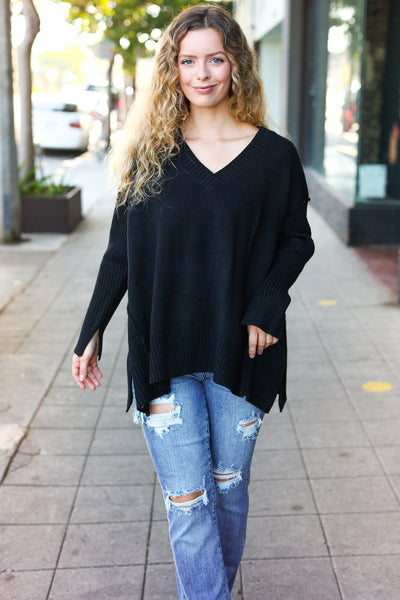 Casual Chic Black Oversized V Neck Rib Knit Sweater - Online Only!