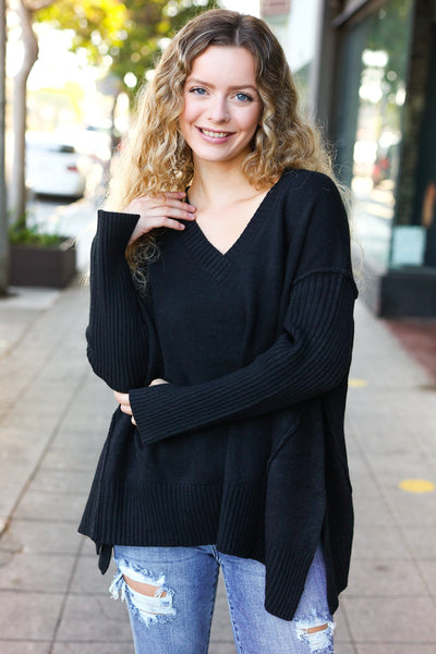 Casual Chic Black Oversized V Neck Rib Knit Sweater - Online Only!