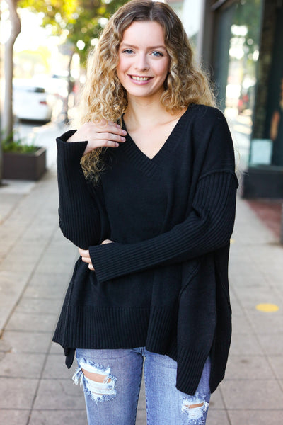 Casual Chic Black Oversized V Neck Rib Knit Sweater - Online Only!