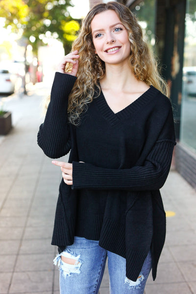 Casual Chic Black Oversized V Neck Rib Knit Sweater - Online Only!