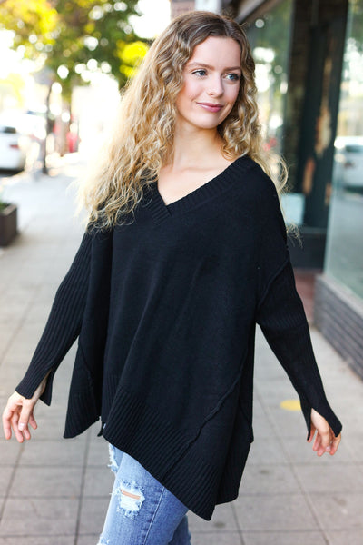 Casual Chic Black Oversized V Neck Rib Knit Sweater - Online Only!