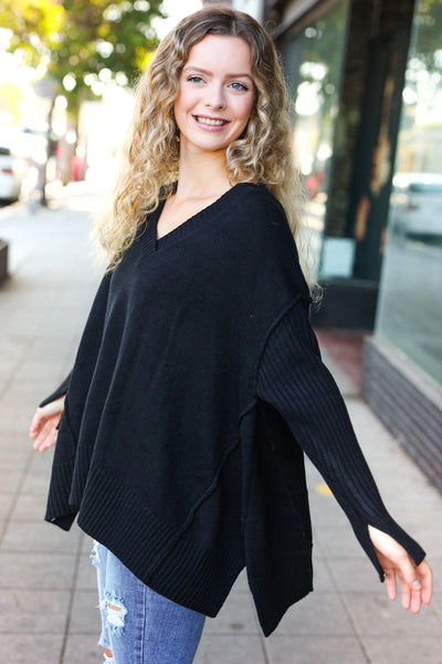 Casual Chic Black Oversized V Neck Rib Knit Sweater - Online Only!