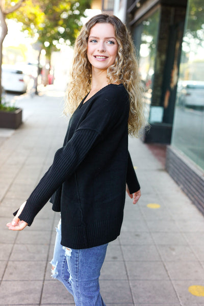 Casual Chic Black Oversized V Neck Rib Knit Sweater - Online Only!