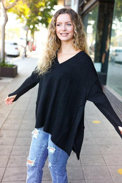 Casual Chic Black Oversized V Neck Rib Knit Sweater - Online Only!