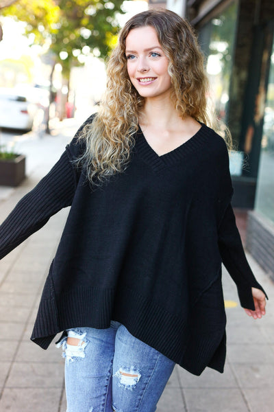 Casual Chic Black Oversized V Neck Rib Knit Sweater - Online Only!