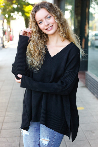 Casual Chic Black Oversized V Neck Rib Knit Sweater - Online Only!