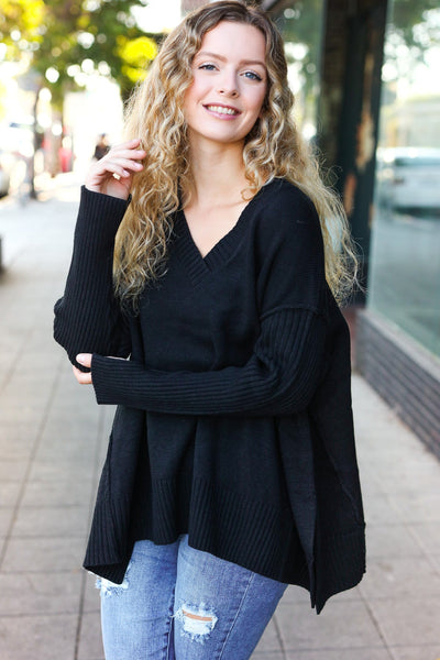 Casual Chic Black Oversized V Neck Rib Knit Sweater - Online Only!