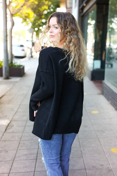Casual Chic Black Oversized V Neck Rib Knit Sweater - Online Only!