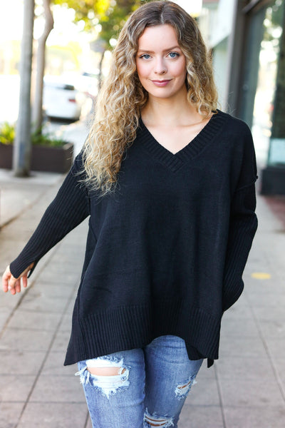 Casual Chic Black Oversized V Neck Rib Knit Sweater - Online Only!