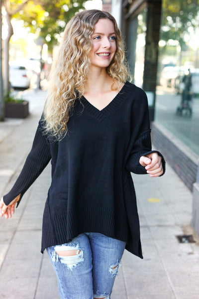 Casual Chic Black Oversized V Neck Rib Knit Sweater - Online Only!