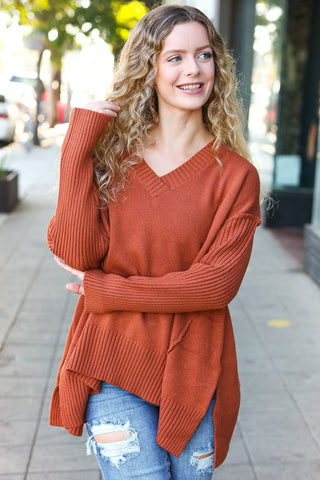 Casual Chic Rust Oversized V Neck Rib Knit Sweater - Online Only!