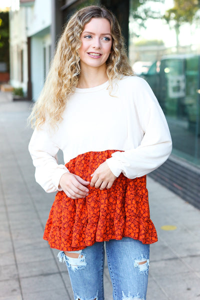 Vintage Floral Oatmeal Tiered Babydoll Twofer Top - Online Only!