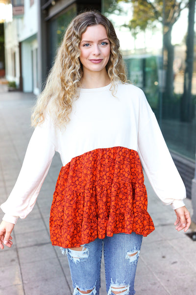 Vintage Floral Oatmeal Tiered Babydoll Twofer Top - Online Only!