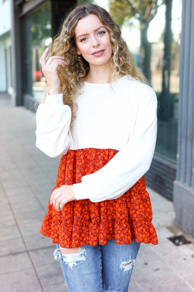 Vintage Floral Oatmeal Tiered Babydoll Twofer Top - Online Only!