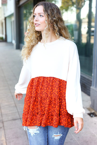 Vintage Floral Oatmeal Tiered Babydoll Twofer Top - Online Only!