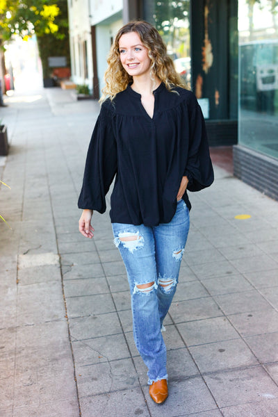 Boho Vibes Black Notched Neck Smocked Bubble Sleeve Top - Online Only!