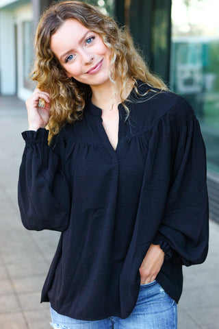 Boho Vibes Black Notched Neck Smocked Bubble Sleeve Top - Online Only!