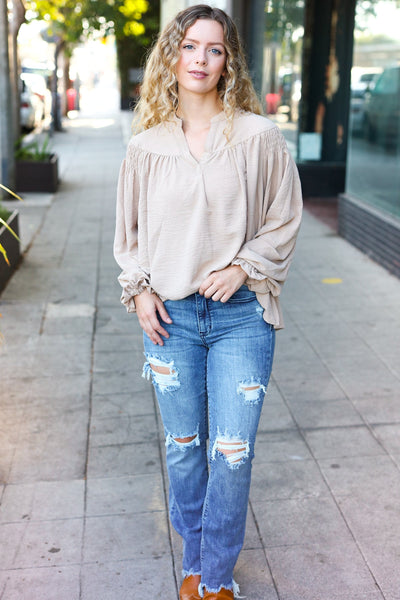 Boho Vibes Taupe Notched Neck Smocked Bubble Sleeve Top - Online Only!
