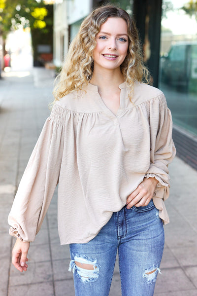 Boho Vibes Taupe Notched Neck Smocked Bubble Sleeve Top - Online Only!