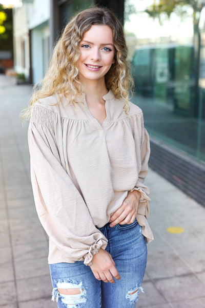 Boho Vibes Taupe Notched Neck Smocked Bubble Sleeve Top - Online Only!