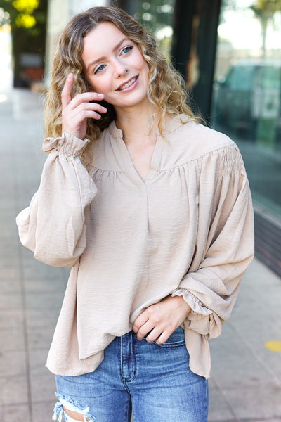 Boho Vibes Taupe Notched Neck Smocked Bubble Sleeve Top - Online Only!