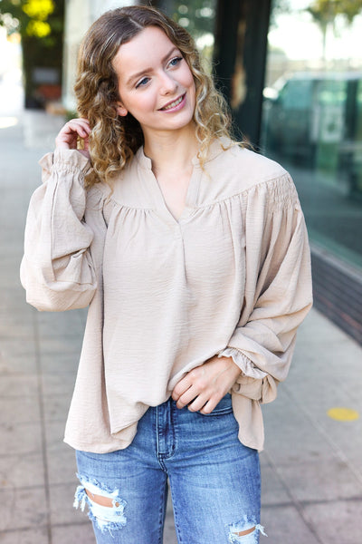 Boho Vibes Taupe Notched Neck Smocked Bubble Sleeve Top - Online Only!