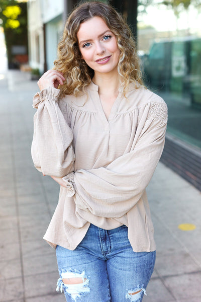 Boho Vibes Taupe Notched Neck Smocked Bubble Sleeve Top - Online Only!