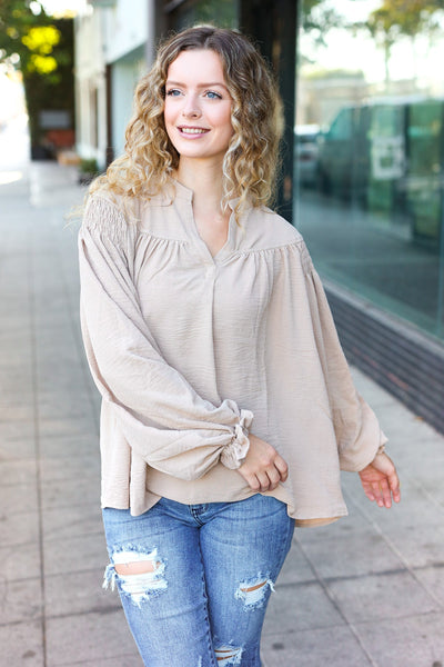 Boho Vibes Taupe Notched Neck Smocked Bubble Sleeve Top - Online Only!