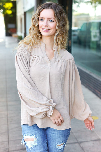 Boho Vibes Taupe Notched Neck Smocked Bubble Sleeve Top - Online Only!