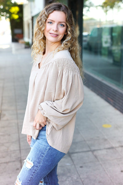 Boho Vibes Taupe Notched Neck Smocked Bubble Sleeve Top - Online Only!