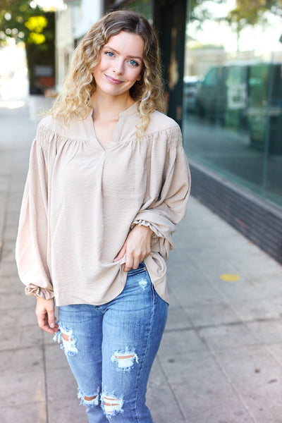 Boho Vibes Taupe Notched Neck Smocked Bubble Sleeve Top - Online Only!