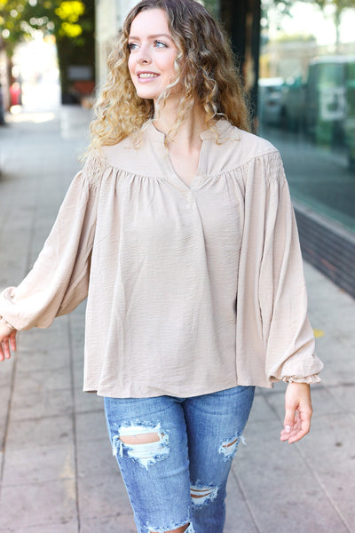 Boho Vibes Taupe Notched Neck Smocked Bubble Sleeve Top - Online Only!