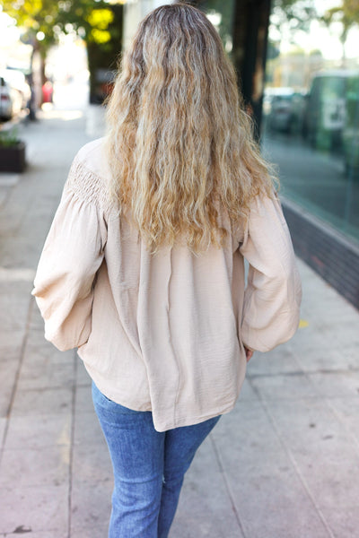 Boho Vibes Taupe Notched Neck Smocked Bubble Sleeve Top - Online Only!
