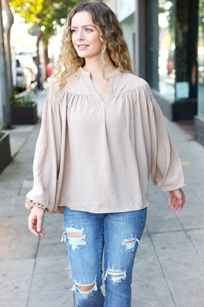 Boho Vibes Taupe Notched Neck Smocked Bubble Sleeve Top - Online Only!
