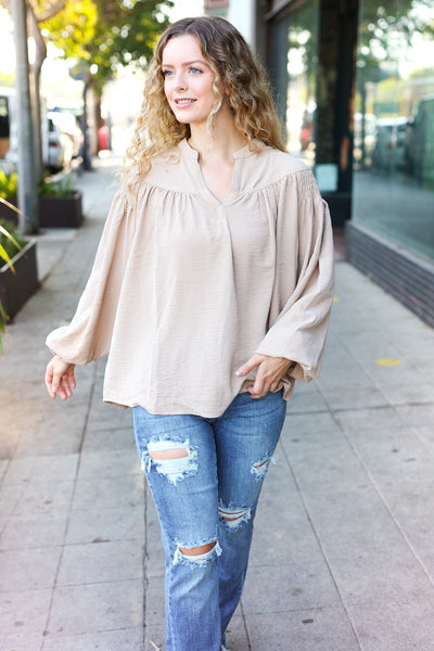 Boho Vibes Taupe Notched Neck Smocked Bubble Sleeve Top - Online Only!