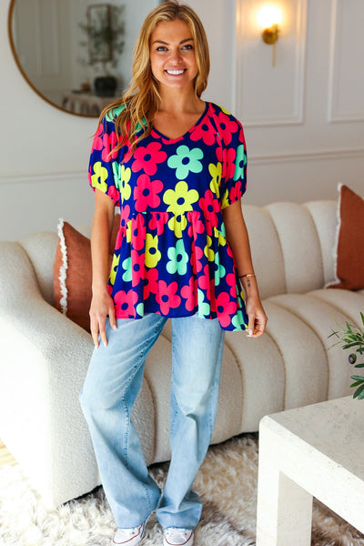 Navy Flat Floral Bubble Sleeve Babydoll Raglan Top - Online Only!