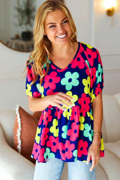 Navy Flat Floral Bubble Sleeve Babydoll Raglan Top - Online Only!